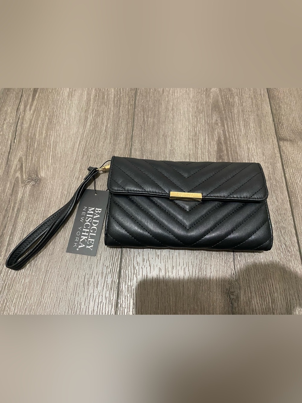 Badgley Mischka Black Leather  Wristlet Clutch with Gold Accent